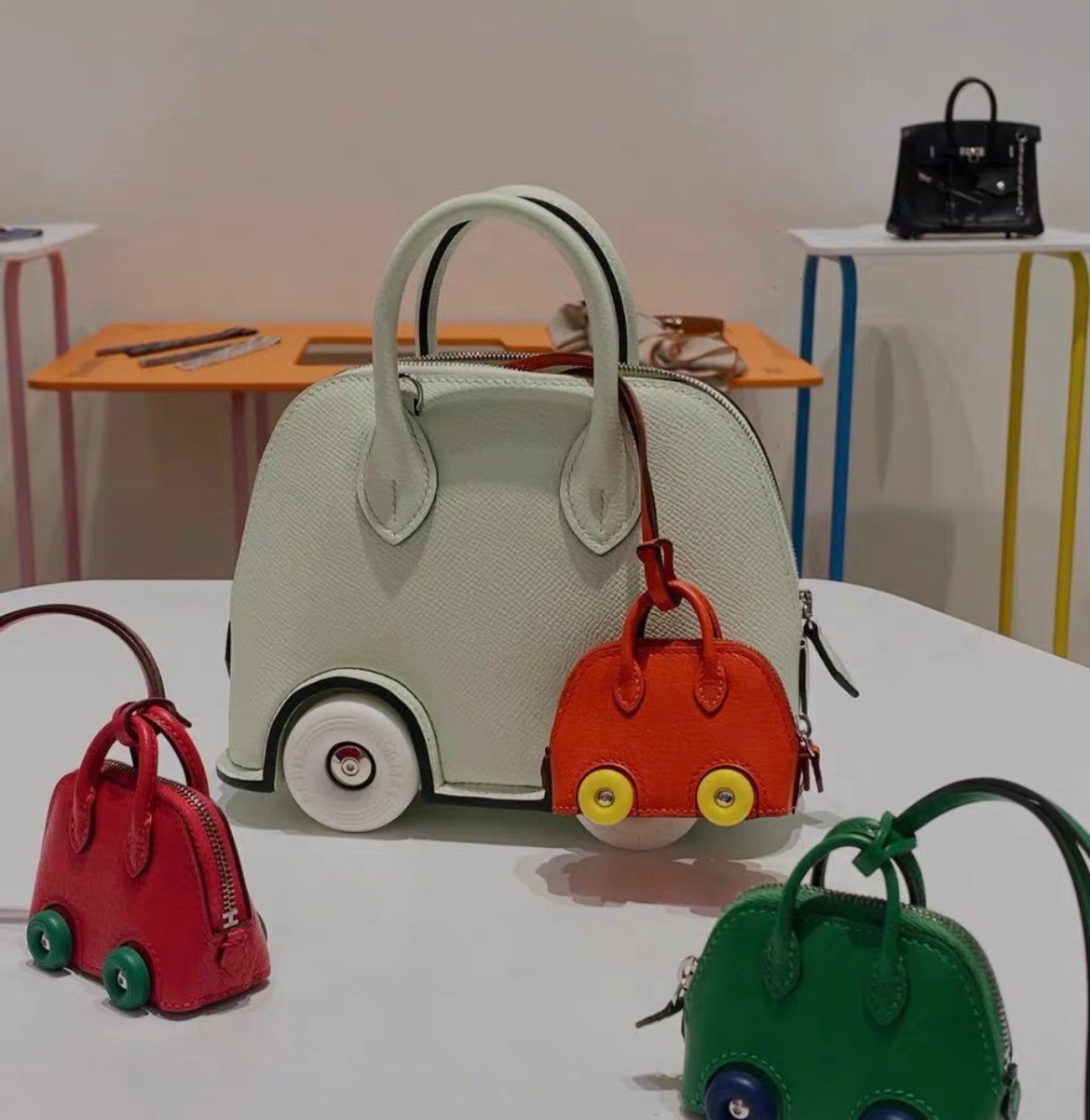 Hermes Bolide on Wheels Charm?Rose extreme/Vert vertigo Chevre chamkila goatskin Silver hardware