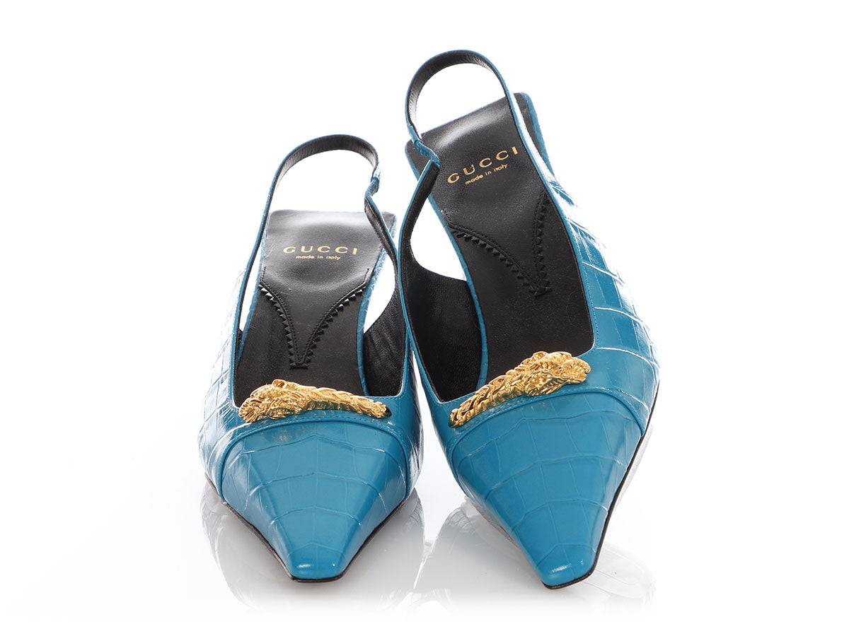 Gucci Blue Croc-Embossed Calfskin Square Slingback Pumps