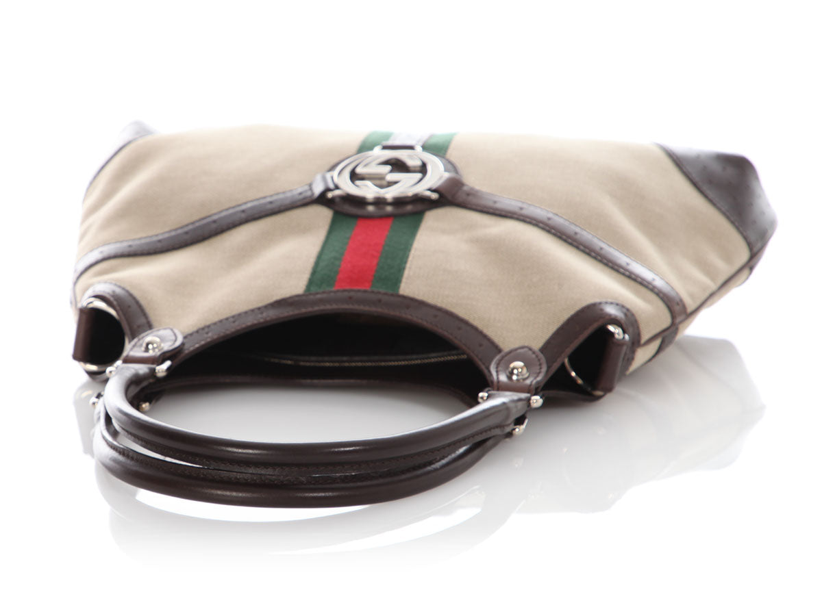 Gucci Beige and Brown Web Canvas Reins Shoulder Bag