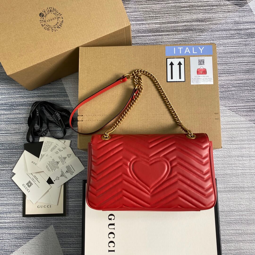 ?443496 GG Marmont medium matelassé shoulder bag RED leather gold hardware