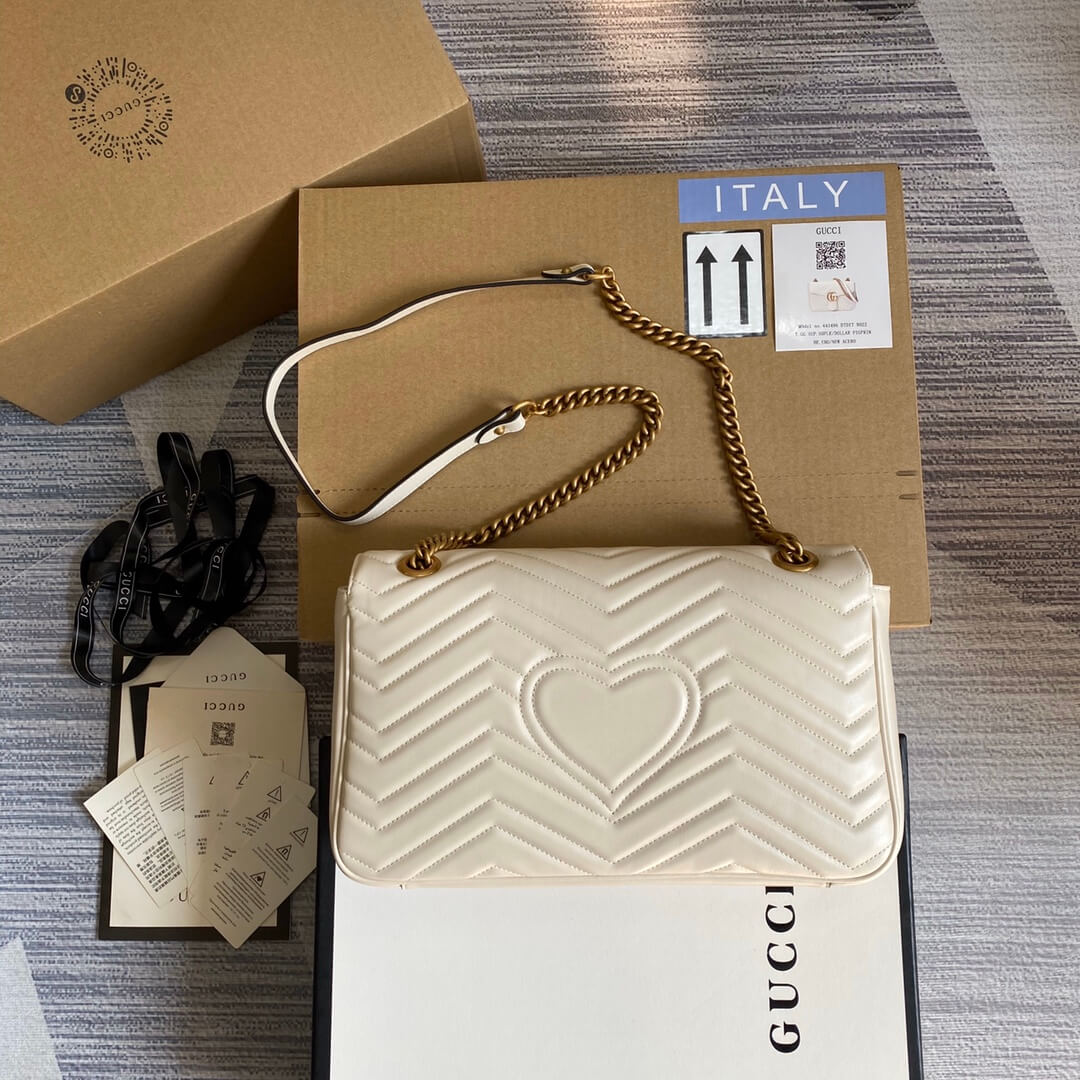 ?443496 GG Marmont medium matelassé shoulder bag white leather gold hardware