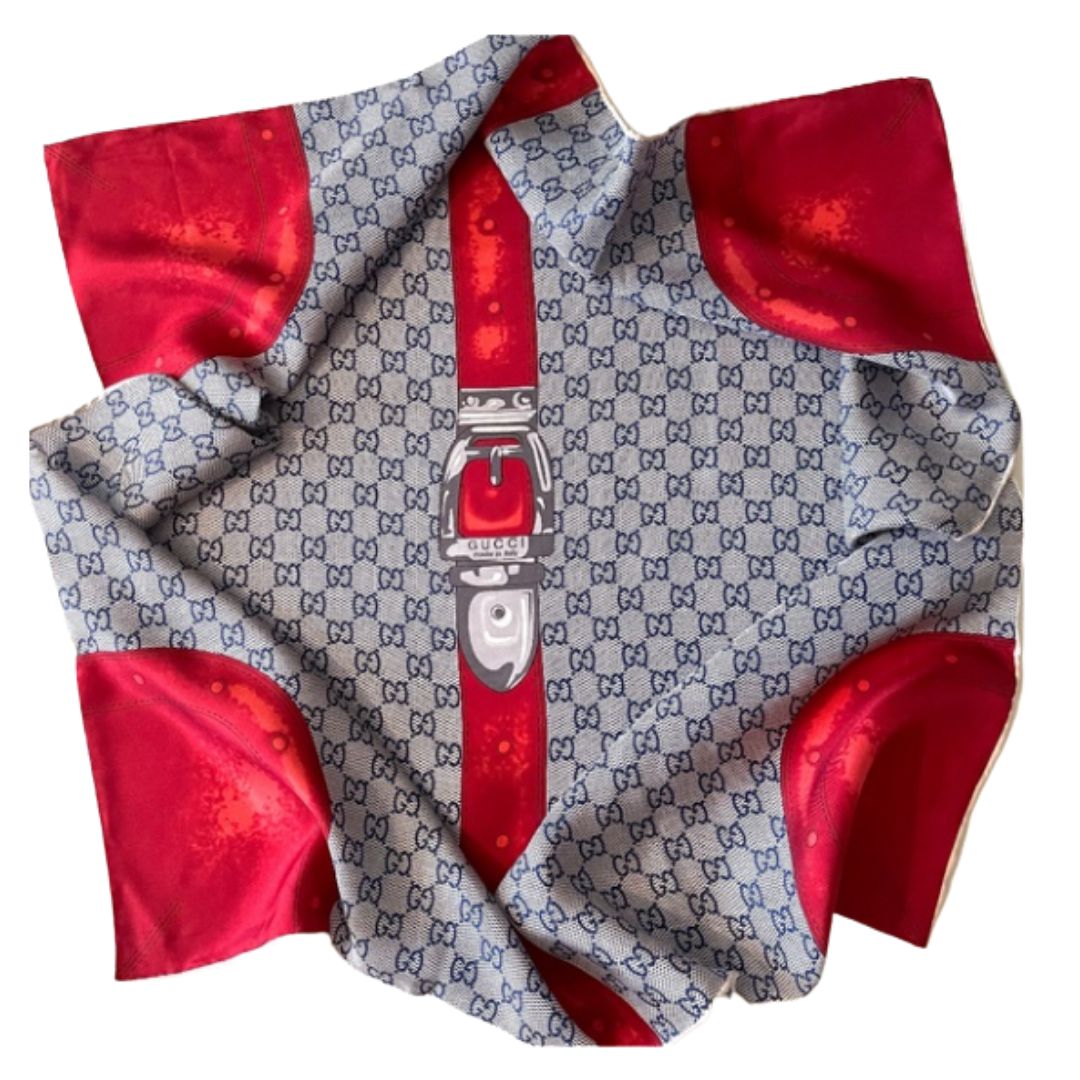 GG Monogram Blue & Red Silk Scarf Pillow 26"