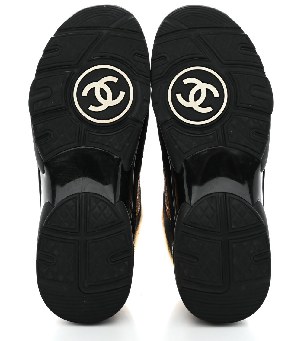 Chanel Black/Gold Suede and Leather CC Low Top Sneakers - FULL SET