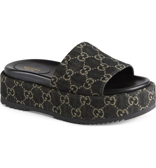 GUCCI ANGELINA GG SUPREME DENIM SLIDE SANDALS