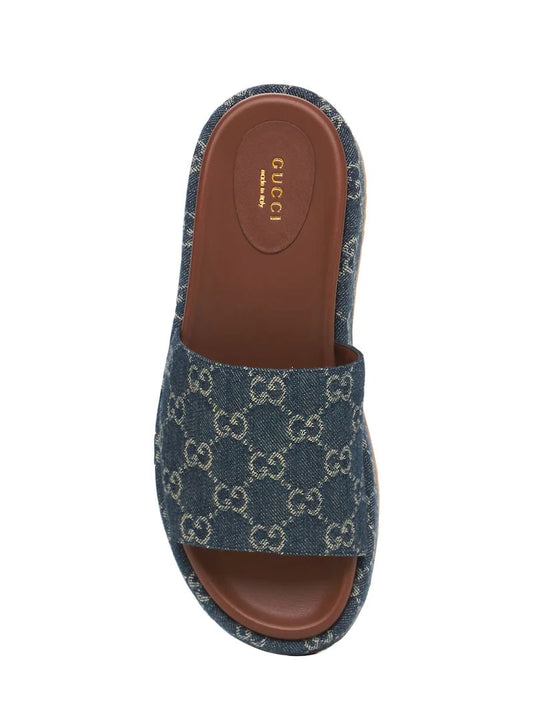 GUCCI ANGELINA GG JACQUARD DENIM PLATFORM SLIDES