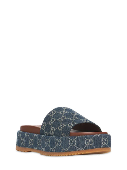 GUCCI ANGELINA GG JACQUARD DENIM PLATFORM SLIDES