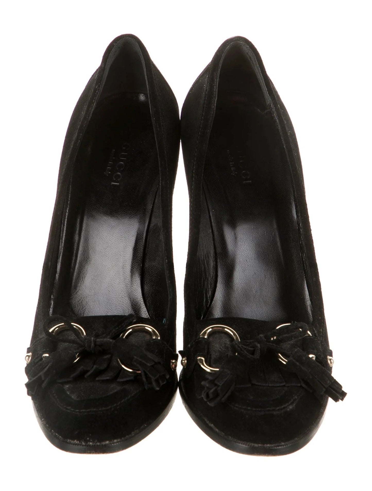 GUCCI SUEDE TASSELED FRINGE LOAFER PUMPS