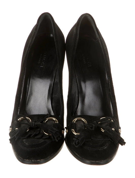 GUCCI SUEDE TASSELED FRINGE LOAFER PUMPS