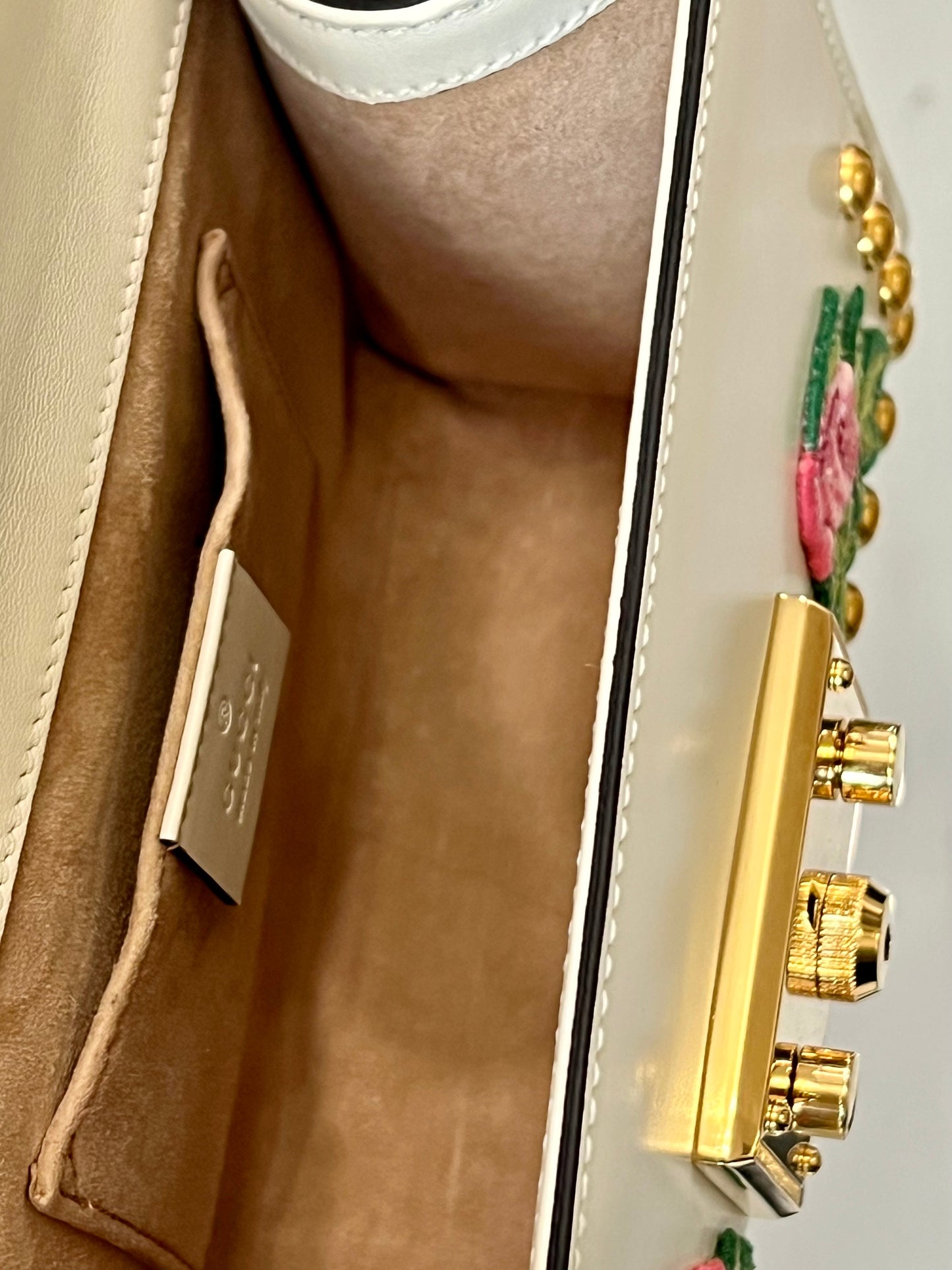 GCI CALFSKIN FLORAL EMBROIDERED SMALL PADLOCK SHOULDER BAG