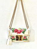 GCI CALFSKIN FLORAL EMBROIDERED SMALL PADLOCK SHOULDER BAG