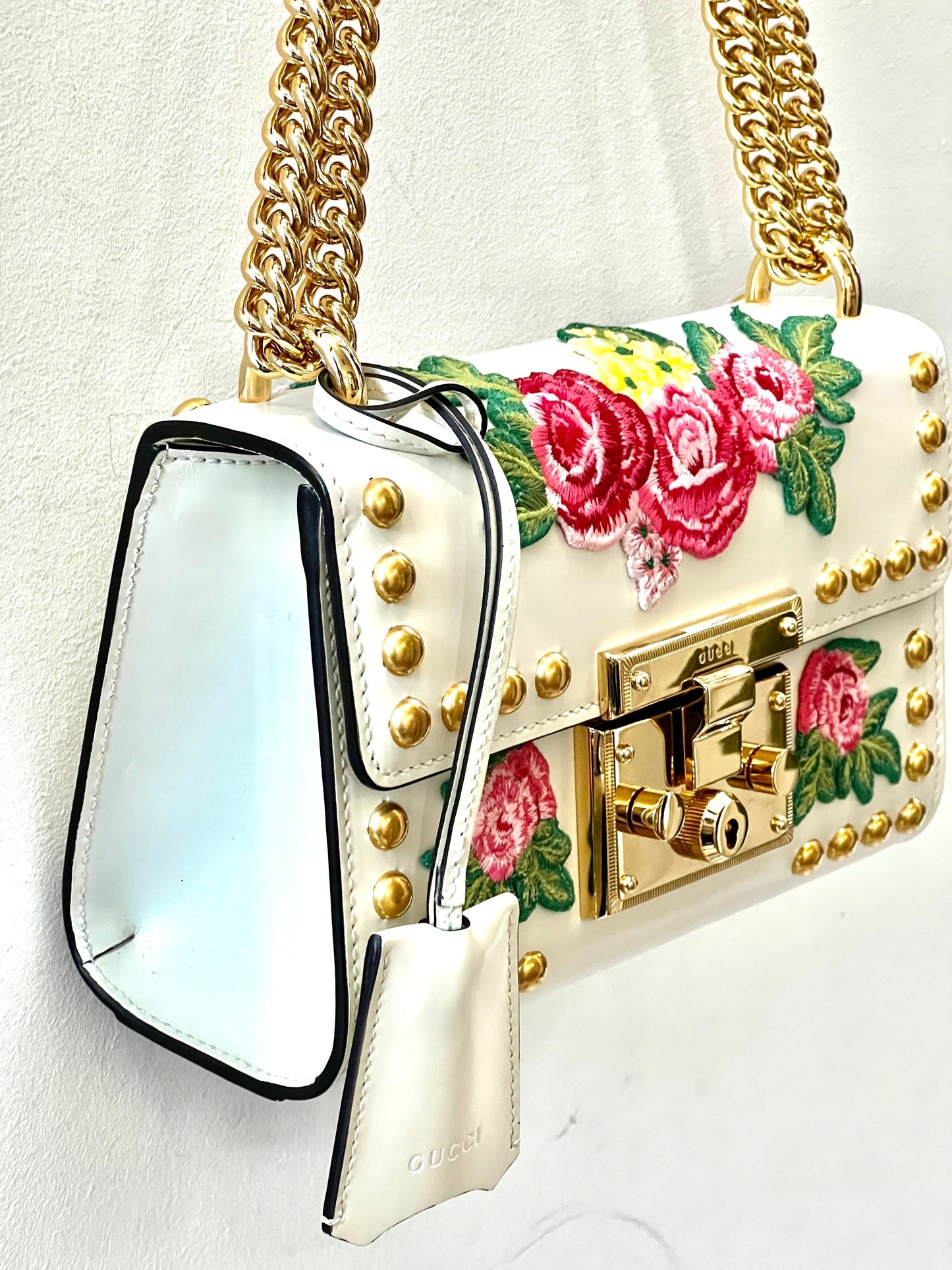 GCI CALFSKIN FLORAL EMBROIDERED SMALL PADLOCK SHOULDER BAG