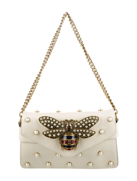 GUCCI NAPPA LEATHER STUDDED QUEEN MARGARET MINI BROADWAY BEE BAG/CLUTCH