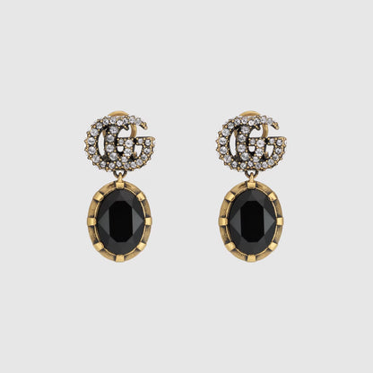 GUCCI CRYSTAL DOUBLE G BLACK AGED GOLD-TONE EARRINGS