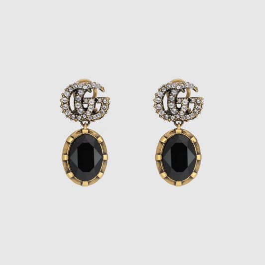 GUCCI CRYSTAL DOUBLE G BLACK AGED GOLD-TONE EARRINGS