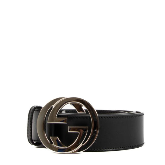 GUCCI INTERLOCKING G PALLADIUM BUCKLE LEATHER BELT