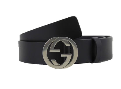 GUCCI INTERLOCKING G PALLADIUM BUCKLE LEATHER BELT