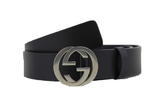 GUCCI INTERLOCKING G PALLADIUM BUCKLE LEATHER BELT