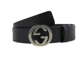 GUCCI INTERLOCKING G PALLADIUM BUCKLE LEATHER BELT