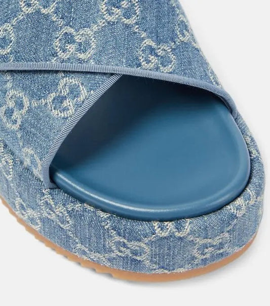 GUCCI GG MONOGRAM ANGELINA DENIM PLATFORM MULES