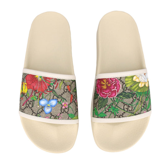 GUCCI GG SUPREME MONOGRAM FLORA PURSUIT SLIDE SANDALS