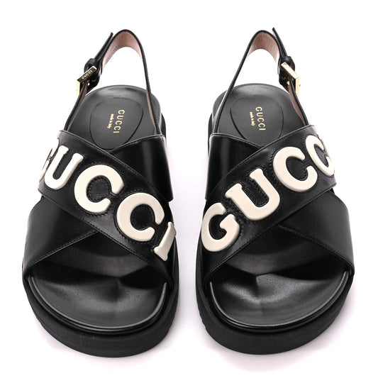 GUCCI LOGO APPLIQUE CROSSOVER CALFSKIN LEATHER SLINGBACK SANDALS