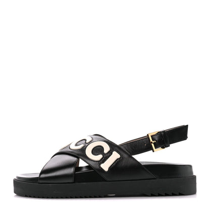 GUCCI LOGO APPLIQUE CROSSOVER CALFSKIN LEATHER SLINGBACK SANDALS