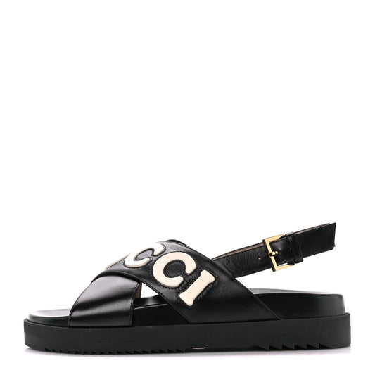 GUCCI LOGO APPLIQUE CROSSOVER CALFSKIN LEATHER SLINGBACK SANDALS