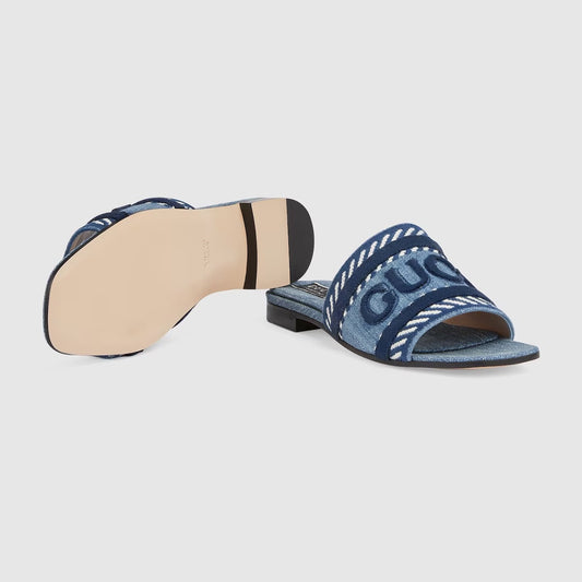 GUCCI DENIM SLIDE SANDALS WITH GUCCI SCRIPT