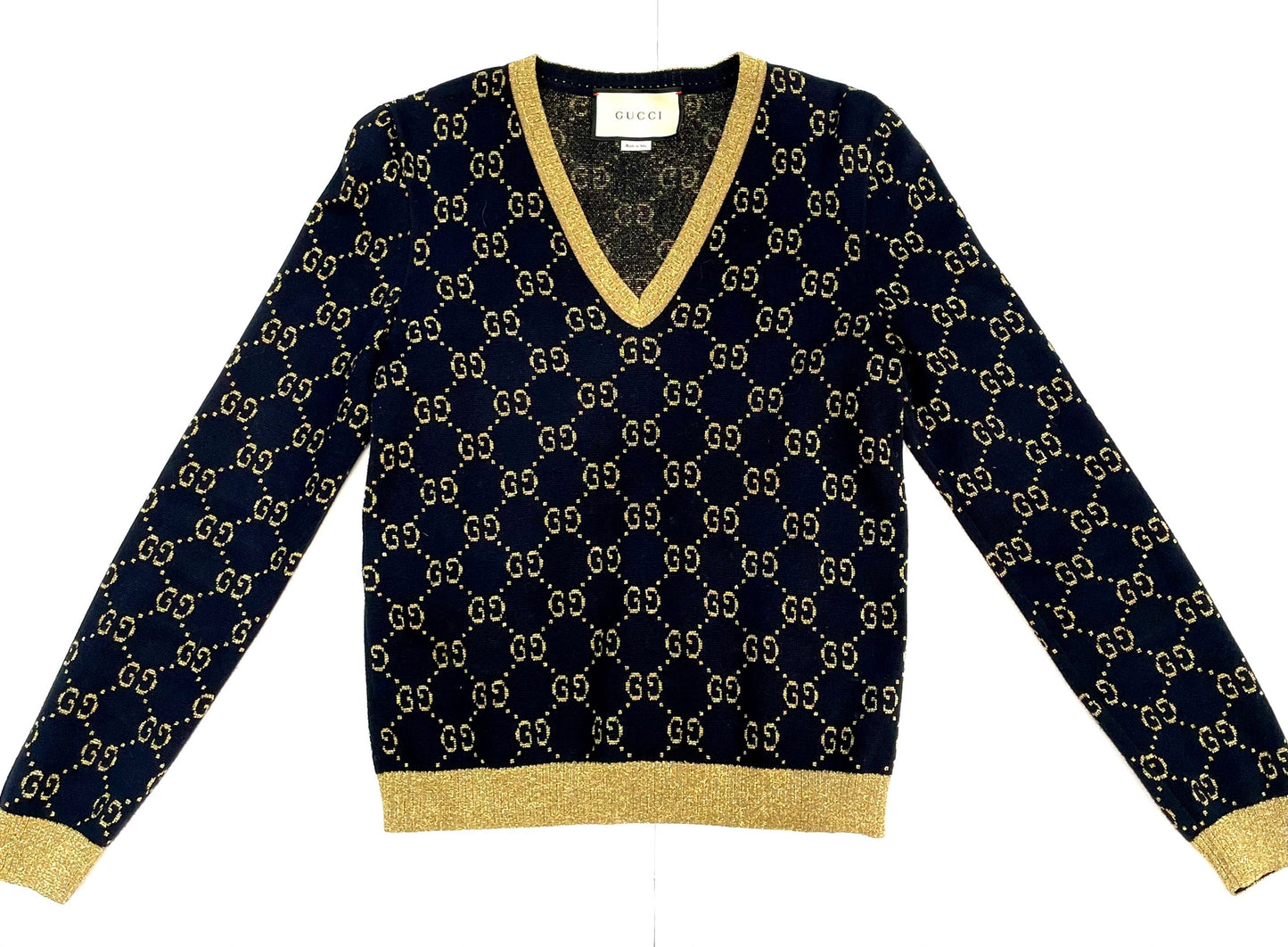 GUCCI GG SUPREME METALLIC JACQUARD KNIT COTTON BLEND V-NECK SWEATER