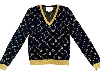 GUCCI GG SUPREME METALLIC JACQUARD KNIT COTTON BLEND V-NECK SWEATER