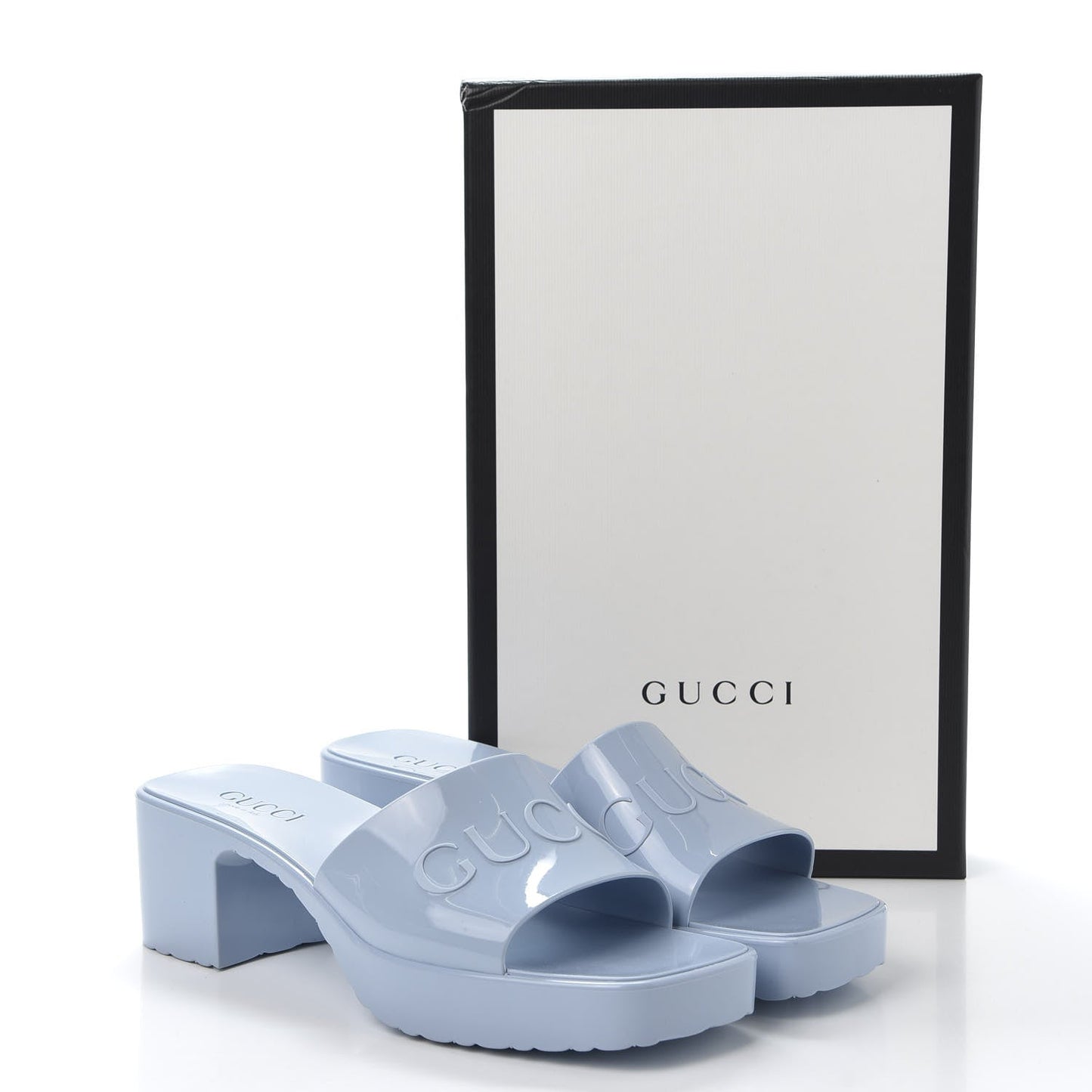 GUCCI LIGHT BLUE RUBBER PLATFORM SANDALS