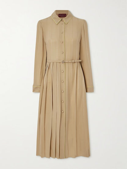 GUCCI BELTED PLEATED SILK-JACQUARD MIDI SHIRT DRESS