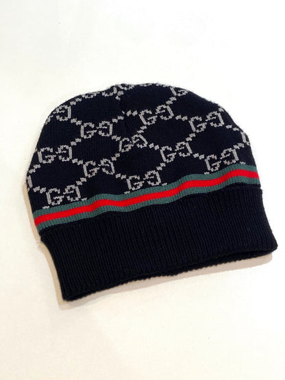 GUCCI MONOGRAM WOOL JACQUARD WEB BEANIE