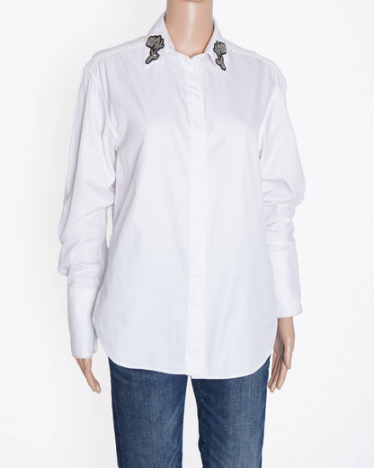 Burberry Women logo embroidered metallic patch white shirt