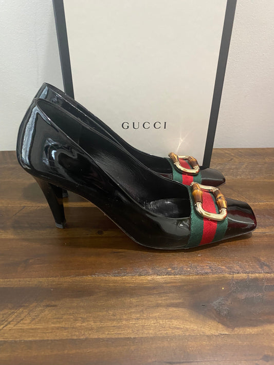 GUCCI BAMBOO WEB SQUARE TOE PUMPS