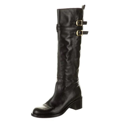 GUCCI BUCKLE RIDING KNEE HIGH LEATHER BOOTS