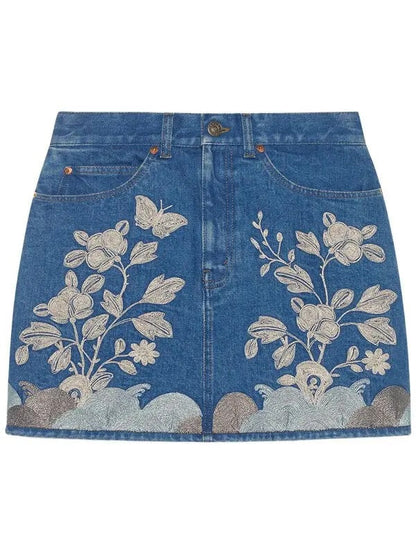 GUCCI EMBROIDERED DENIM MINI SKIRT