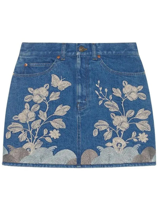 GUCCI EMBROIDERED DENIM MINI SKIRT