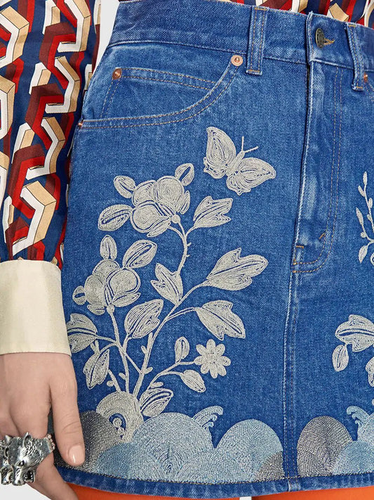 GUCCI EMBROIDERED DENIM MINI SKIRT
