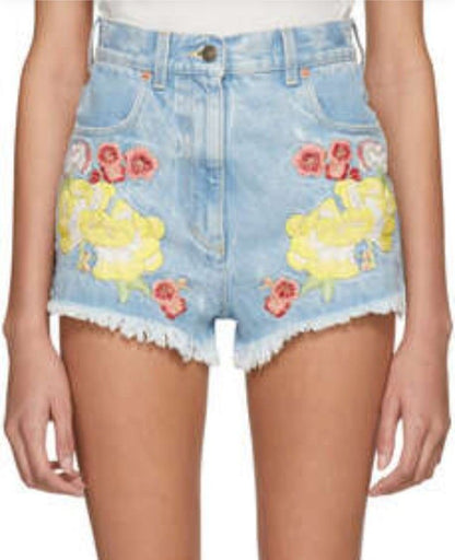 GUCCI EMBROIDERED RAW EDGE DENIM SHORTS