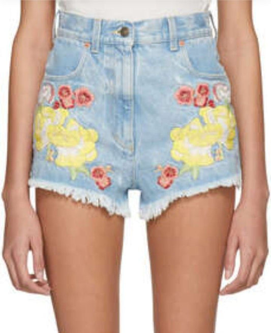 GUCCI EMBROIDERED RAW EDGE DENIM SHORTS