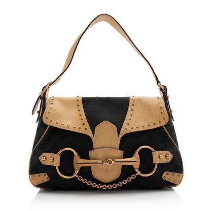 Gucci Canvas Leather Studded Horsebit Shoulder Bag (SHF-21925)