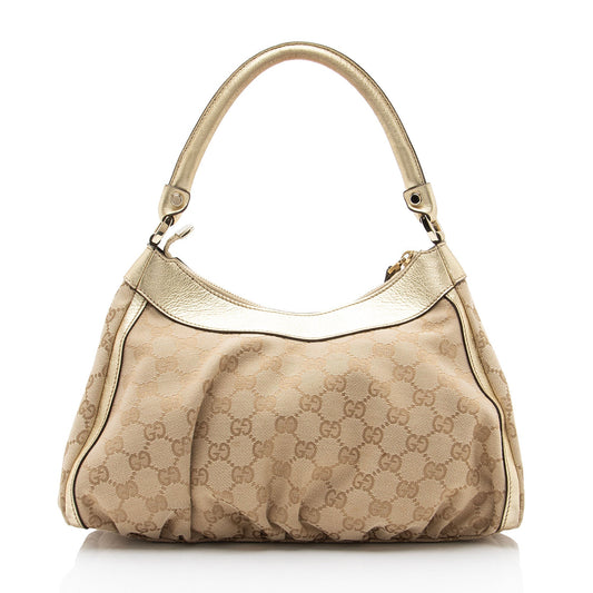 Gucci GG Canvas Metallic Leather D Ring Small Hobo (SHF-nI1P2Q)