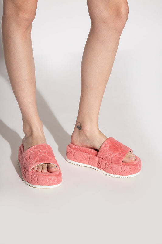 GUCCI GG PLATFORM SPONGE SLIDE SANDALS IN WILD ROSE