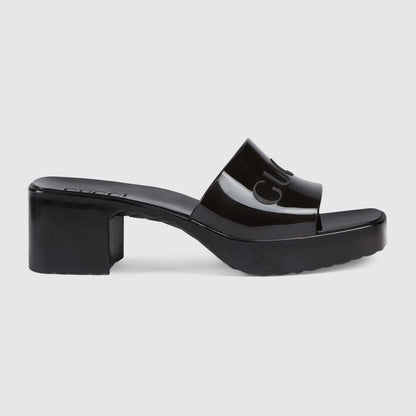 GUCCI EMBOSSED LOGO RUBBER PLATFORM SANDALS
