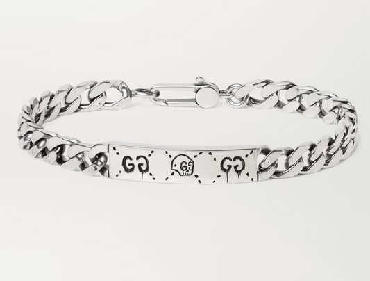 GUCCI GHOST ENGRAVED STERLING SILVER ID BRACELET
