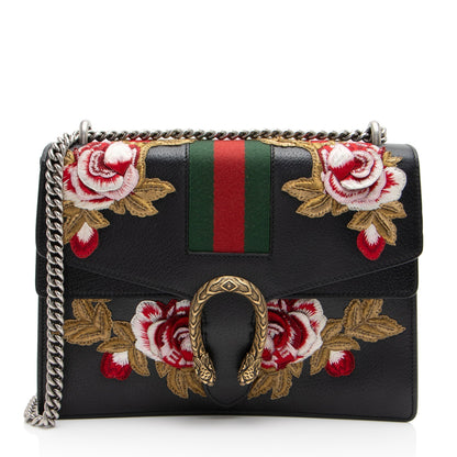 Gucci Leather Embroidered Rose Dionysus Medium Shoulder Bag (SHF-NIvfQT)