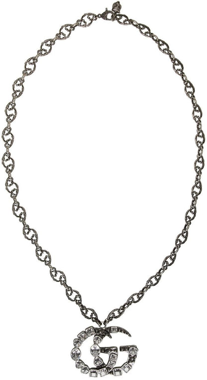 GUCCI GG Crystal Marmont Necklace Aged Silver