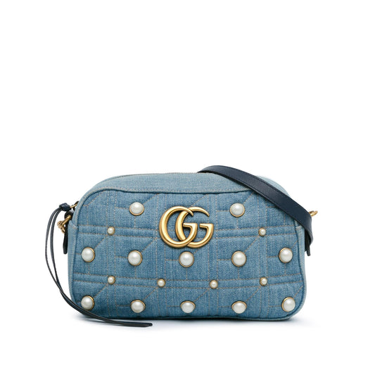 Gucci Small GG Marmont Pearl Studded Denim Crossbody Bag (phY0r4)