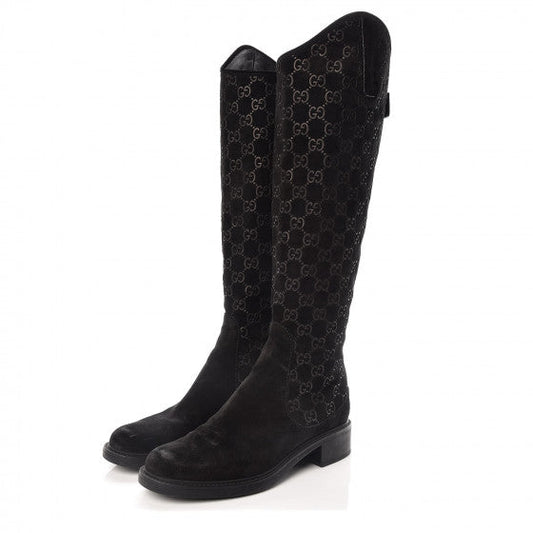 GUCCI GG Suede Leather Knee High Riding Boots